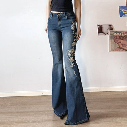 Rose Embroidered Flared Jeans
