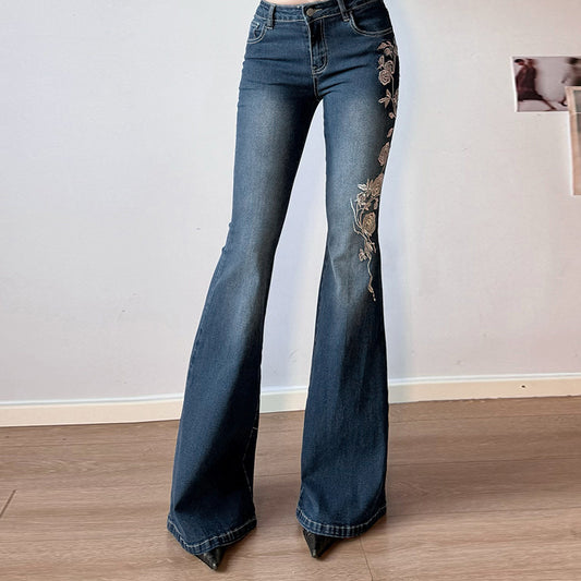 Rose Embroidered Flared Jeans